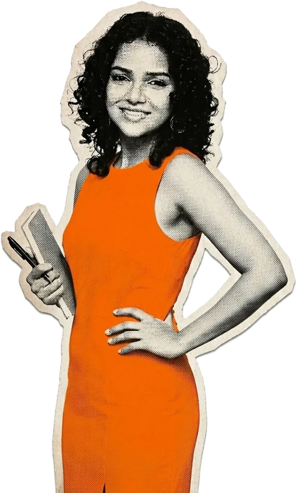 Shalaka Mainkar in an orange dress, holding a notebook and pen: a halftone paper cut-out.
