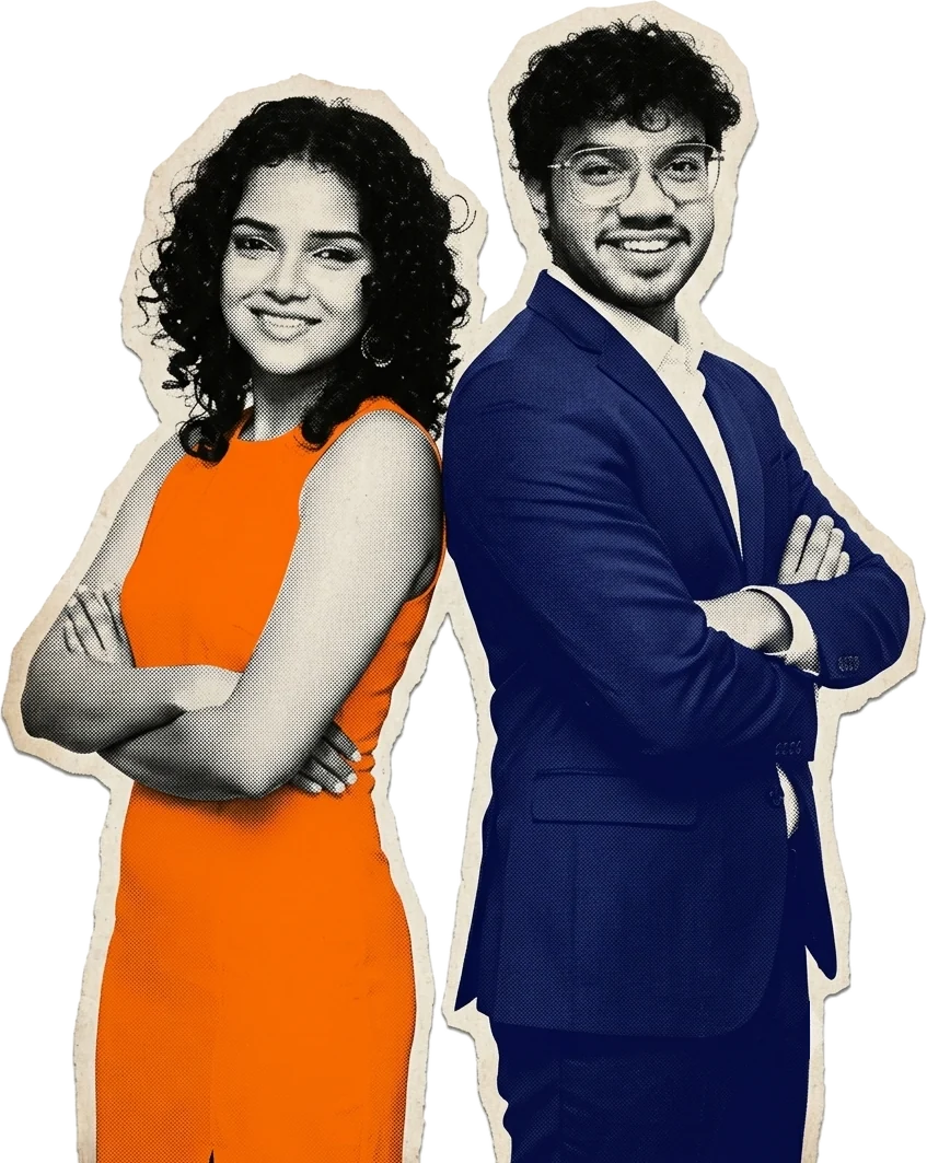 Shalaka Mainkar and Jayesh Pradhan standing back to back with their arms folded: a halftone paper cut-out, Shalaka in an orange dress, Jayesh in a navy suit.