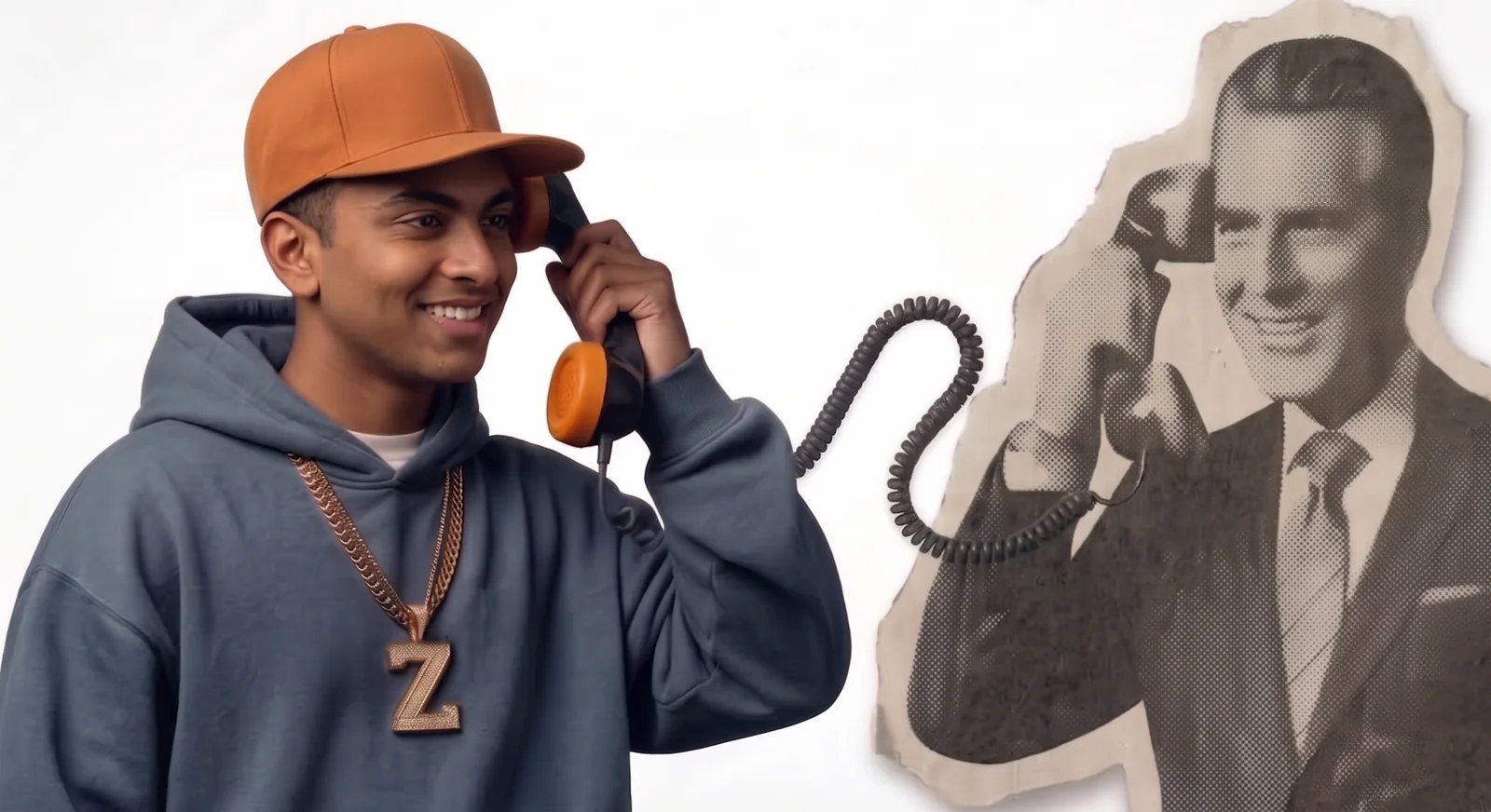 A young man in a cap and hoodie talks on a corded phone to a cut-out 1950s businessman on the other end of the same line.