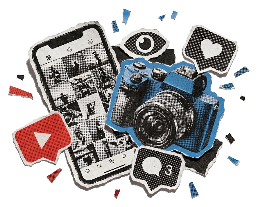 A paper collage of a phone feed and a blue camera, surrounded by play, like, comment and view icons.