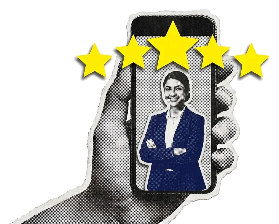 A hand holds up a phone showing a smiling professional, five yellow stars above the screen.